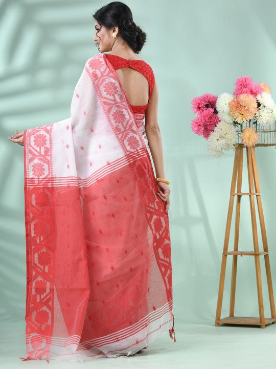 Exquisite White & Red Handloom Saree: Floral Woven Design, Cotton Blend for Women