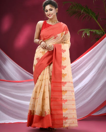 DESH BIDESH Beige & Red Woven Design Pure Cotton Saree
