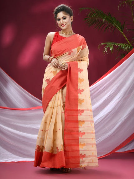 DESH BIDESH Beige & Red Woven Design Pure Cotton Saree