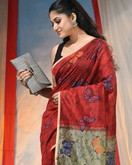 Exquisite Red & Green Floral Printed Saree with Cotton Blend Fabric