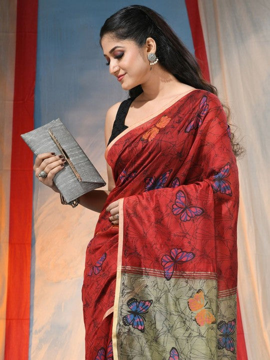 Exquisite Red & Green Floral Printed Saree with Cotton Blend Fabric