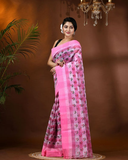 Exquisite Pink & White Pure Cotton Tant Saree with Ethnic Motifs