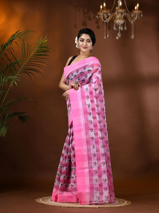 Exquisite Pink & White Pure Cotton Tant Saree with Ethnic Motifs