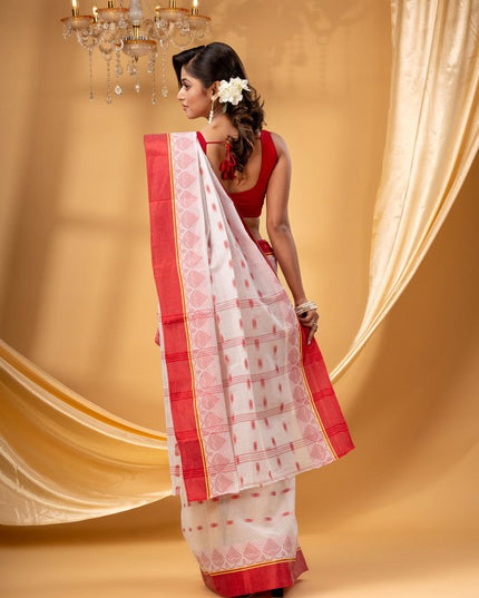 Exquisite White & Red Woven Zari Pure Cotton Taant Saree with Blouse Piece