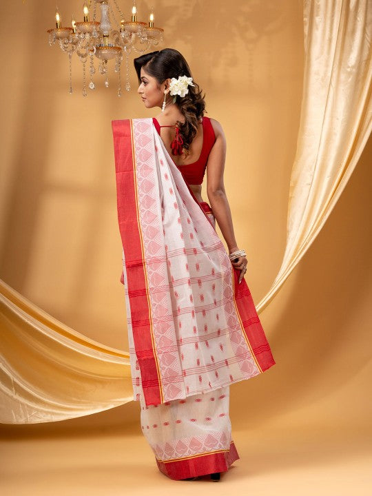 Exquisite White & Red Woven Zari Pure Cotton Taant Saree with Blouse Piece