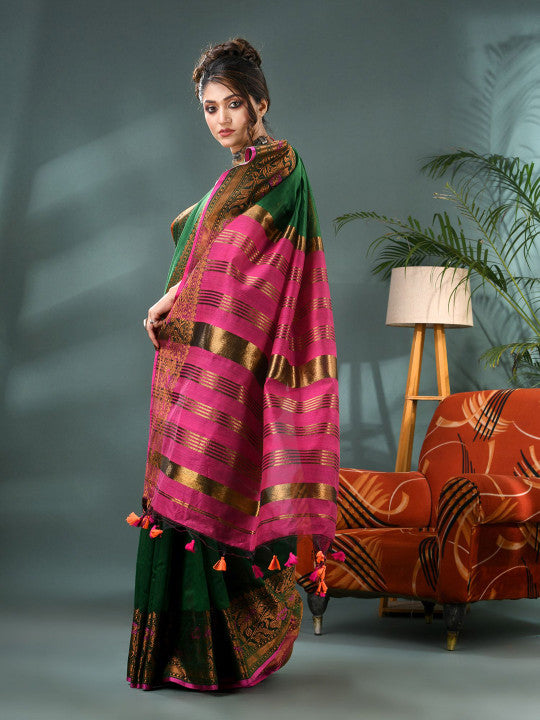 DESH BIDESH Elegant Green Gold Pink Kanjeevaram Silk Cotton Saree