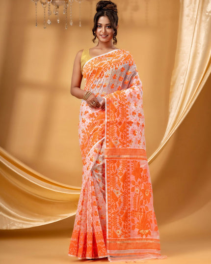 DESH BIDESH Elegant Handcrafted Floral Woven Pure Cotton Jamdani Saree