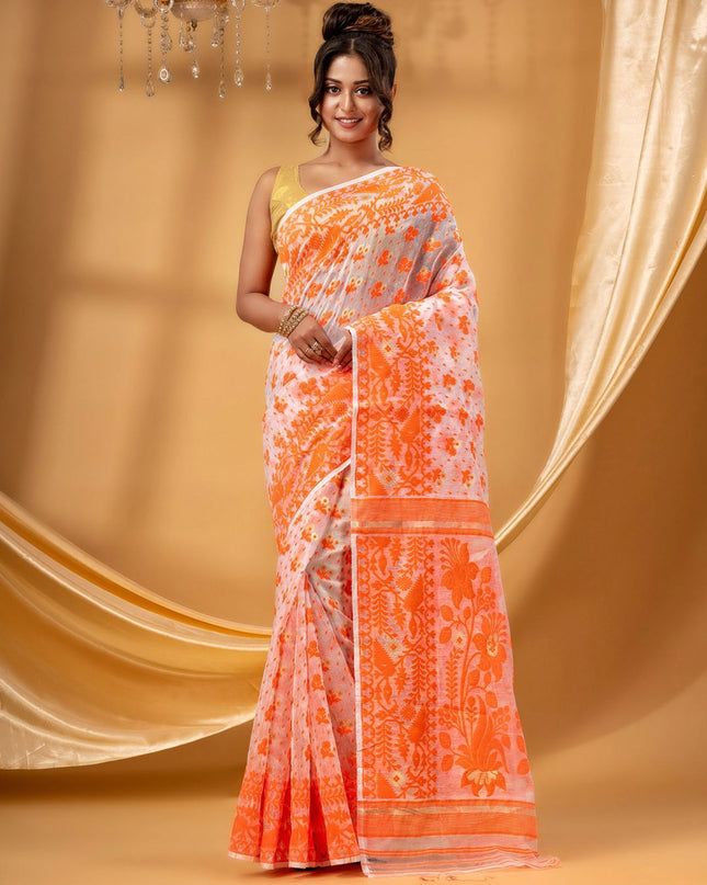 DESH BIDESH Elegant Handcrafted Floral Woven Pure Cotton Jamdani Saree