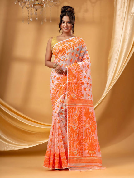 DESH BIDESH Elegant Handcrafted Floral Woven Pure Cotton Jamdani Saree