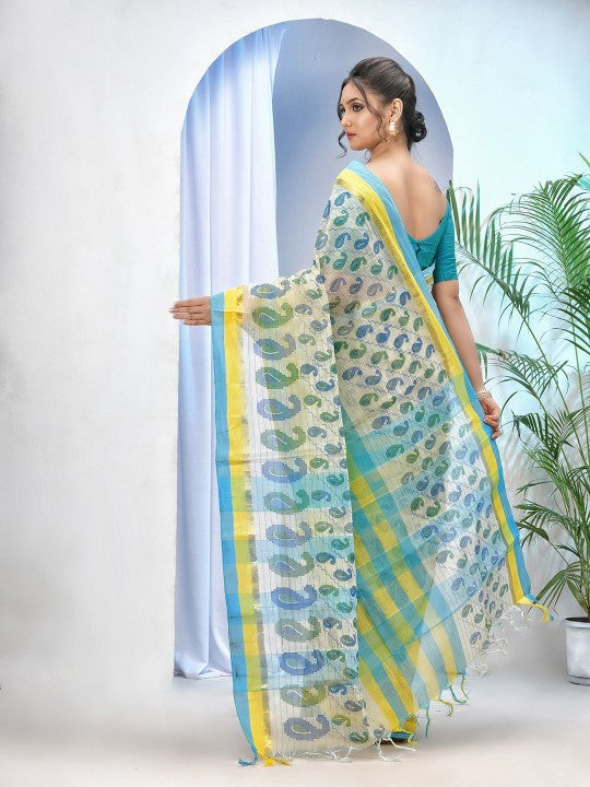 DESH BIDESH Printed Zari Paisley Pure Cotton Taant Saree