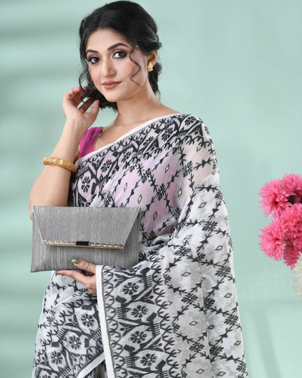DESH BIDESH White & Black Woven Design Jamdani Saree with Matching Blouse Piece