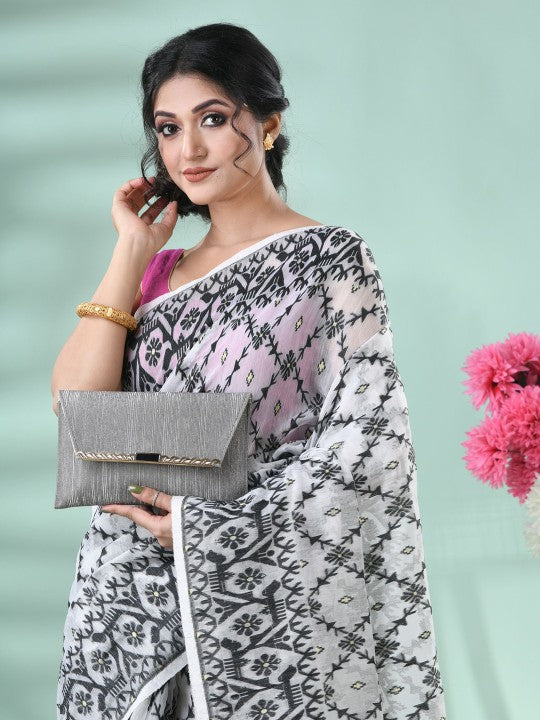 DESH BIDESH White & Black Woven Design Jamdani Saree with Matching Blouse Piece