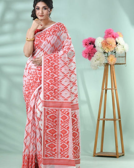 DESH BIDESH Red & White Jamdani Saree with Woven Design Motifs