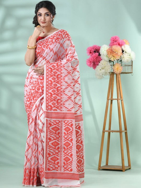 DESH BIDESH Red & White Jamdani Saree with Woven Design Motifs