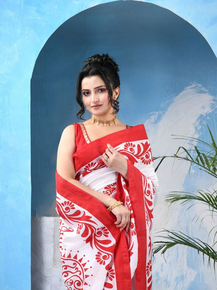 DESH BIDESH Ethnic Motifs Printed Pure Cotton LaalShwet Mulmul Saree