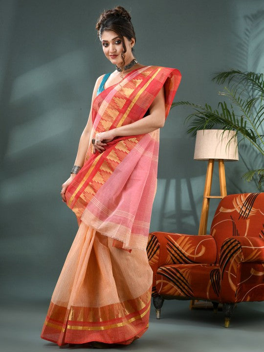 DESH BIDESH Striped Zari Pure Cotton Taant Saree