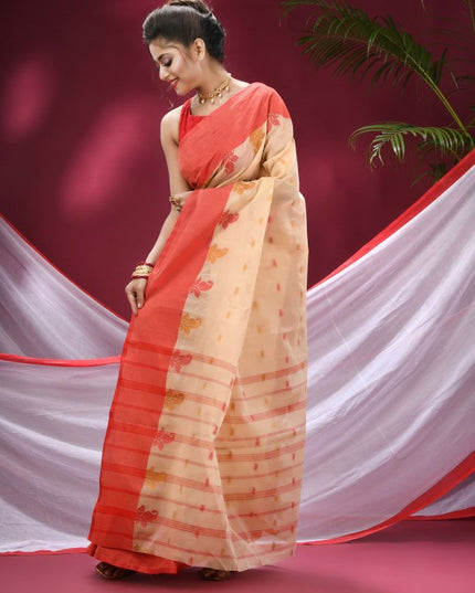 DESH BIDESH Beige & Red Woven Design Pure Cotton Saree