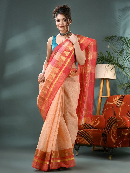 DESH BIDESH Striped Zari Pure Cotton Taant Saree