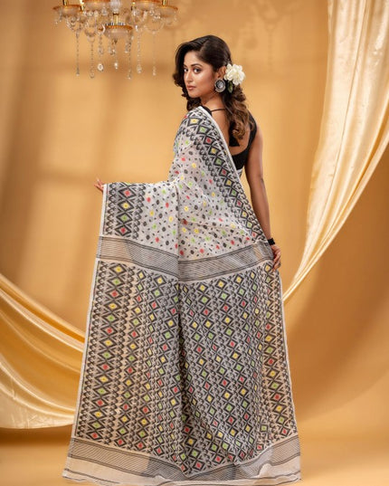 Premium Geometric Woven Jamdani Saree - Pure Cotton Ready-to-Wear Ethnic Design