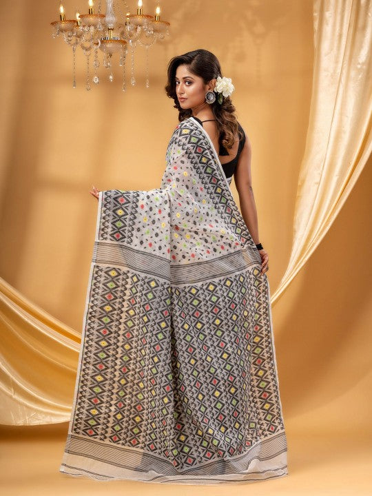 Premium Geometric Woven Jamdani Saree - Pure Cotton Ready-to-Wear Ethnic Design
