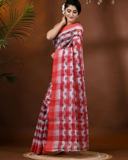 Exquisite Floral Pure Cotton Block Print Saree with Woven Border