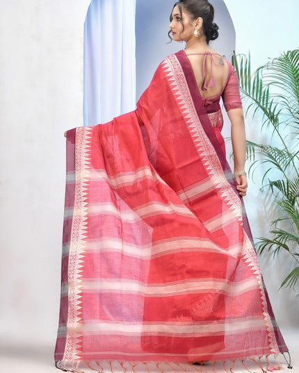 Exquisite Red & White Woven Design Tissue Handloom Saree with Unstitched Blouse Piece