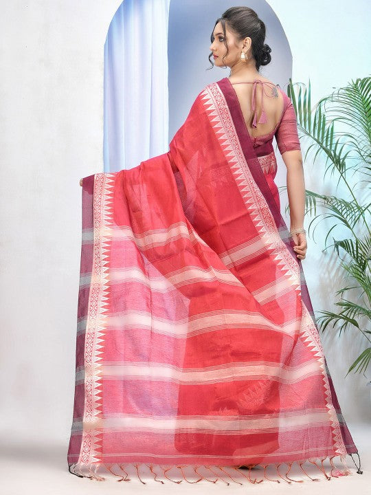 Exquisite Red & White Woven Design Tissue Handloom Saree with Unstitched Blouse Piece