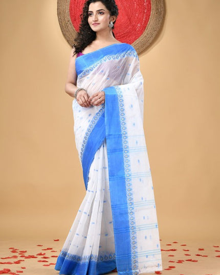 Exquisite White & Blue Pure Cotton Taant Saree with Phulkari Floral Design