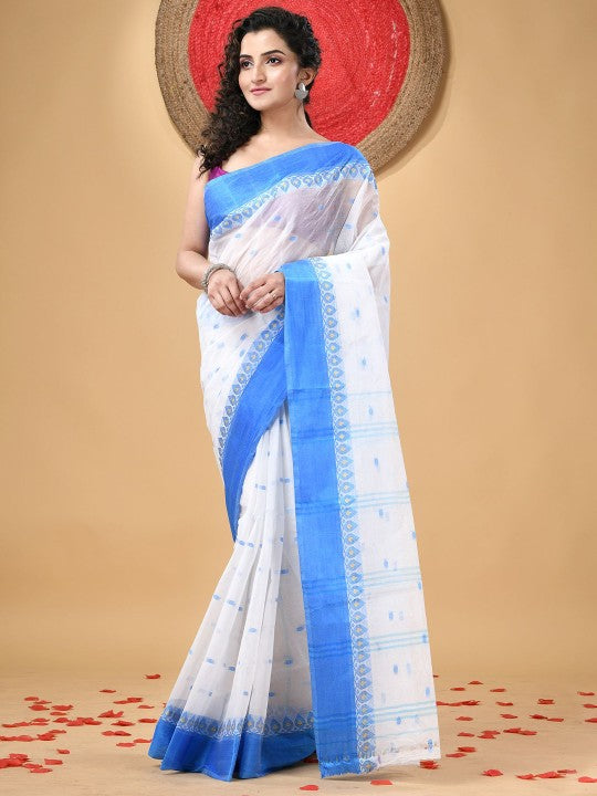 Exquisite White & Blue Pure Cotton Taant Saree with Phulkari Floral Design