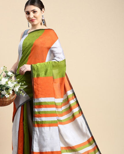 DESH BIDESH Orange and White Striped Silk Cotton Saree with Unstitched Blouse Piece