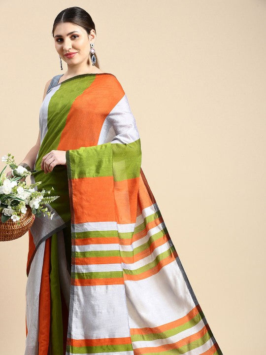 DESH BIDESH Orange and White Striped Silk Cotton Saree with Unstitched Blouse Piece