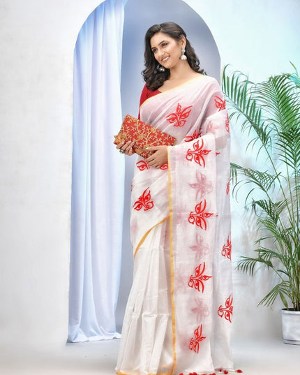 Exquisite White & Red Woven Ethnic Motifs Embroidered Saree with Blouse Piece