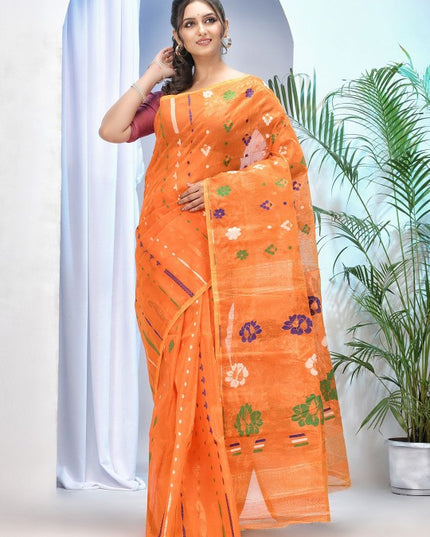 DESH BIDESH Orange Green Woven Zari Pure Cotton Jamdani Saree