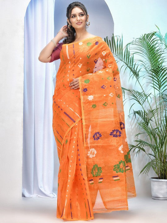 DESH BIDESH Orange Green Woven Zari Pure Cotton Jamdani Saree