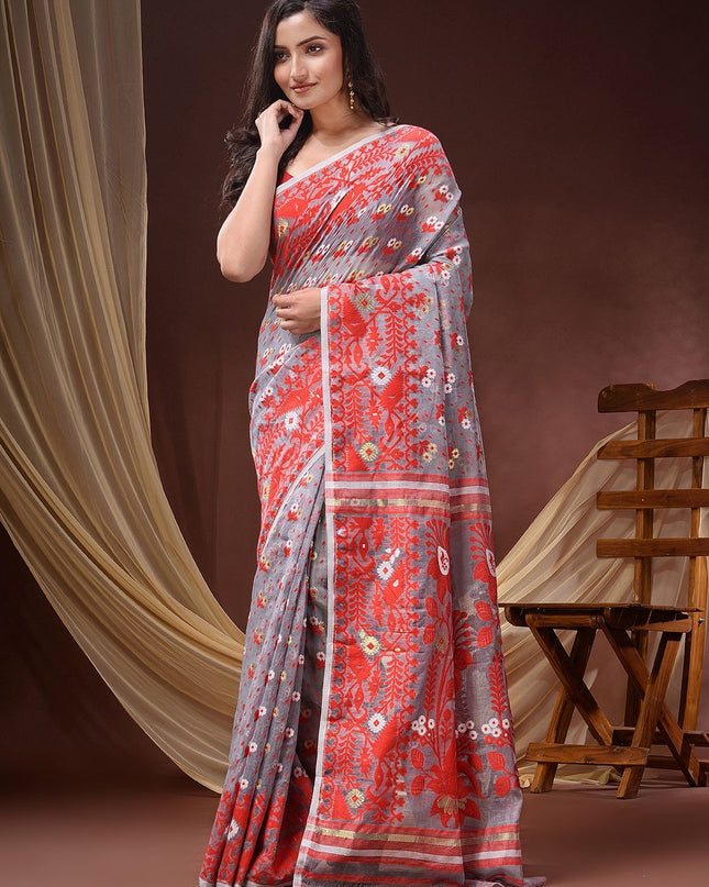 DESH BIDESH Pure Cotton Handloom Jamdani Saree with Ethnic Motifs