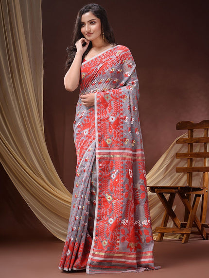 DESH BIDESH Pure Cotton Handloom Jamdani Saree with Ethnic Motifs
