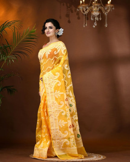 Exquisite Yellow Jamdani Saree with Woven Zari Design, Cotton Blend