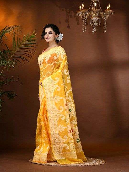 Exquisite Yellow Jamdani Saree with Woven Zari Design, Cotton Blend