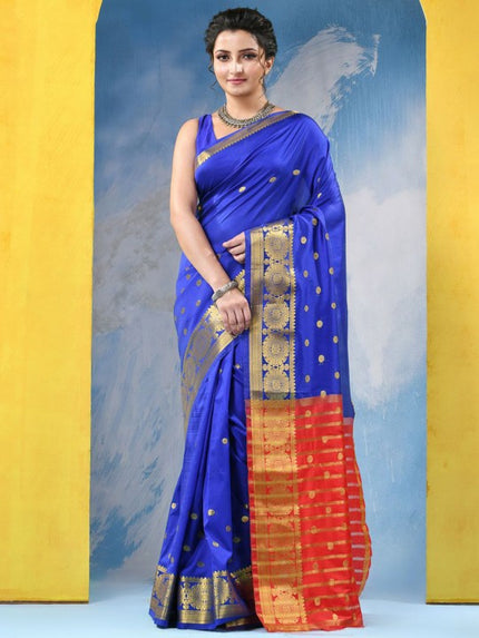 Exquisite Royal Blue Woven Design Zari Kanjeevaram Saree with Blouse Piece