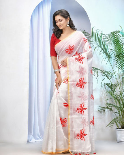 Exquisite White & Red Woven Ethnic Motifs Embroidered Saree with Blouse Piece