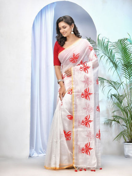 Exquisite White & Red Woven Ethnic Motifs Embroidered Saree with Blouse Piece