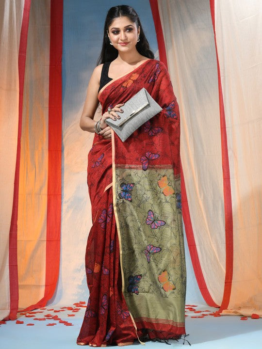 Exquisite Red & Green Floral Printed Saree with Cotton Blend Fabric