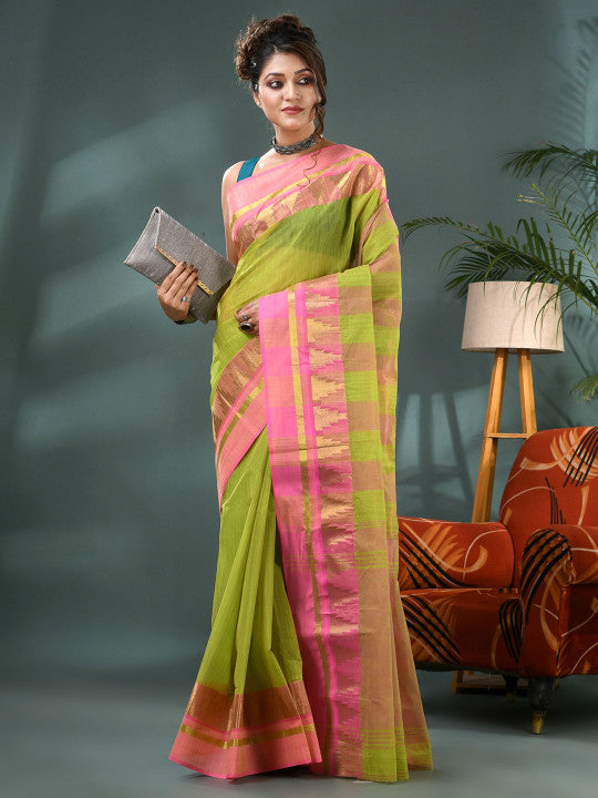 DESH BIDESH Striped Zari Pure Cotton Taant Saree