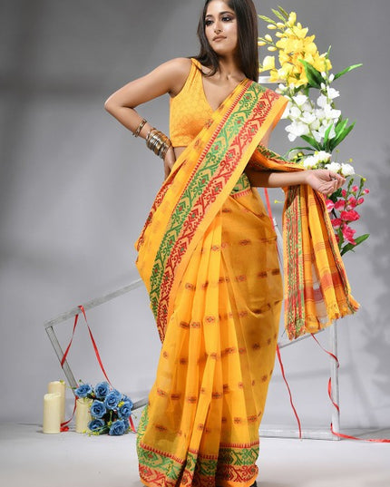DESH BIDESH Yellow & Green Woven Design Zari Pure Cotton Saree