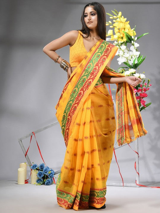 DESH BIDESH Yellow & Green Woven Design Zari Pure Cotton Saree