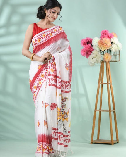 DESH BIDESH Traditional Printed Pure Cotton Saree with Unstitched Blouse Piece