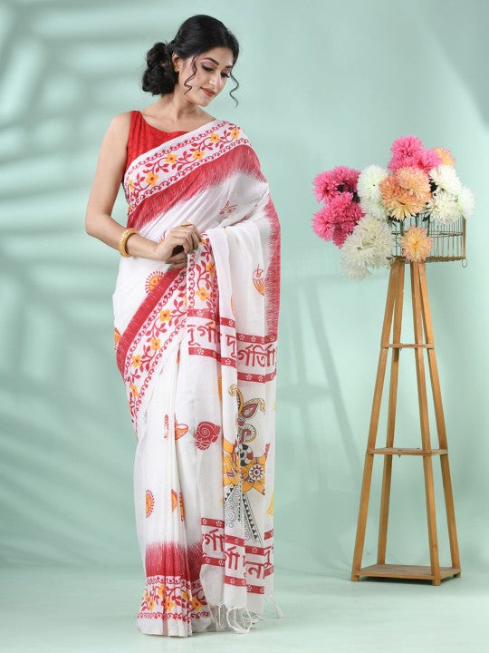 DESH BIDESH Traditional Printed Pure Cotton Saree with Unstitched Blouse Piece