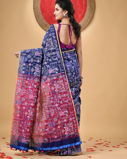 DESH BIDESH Women's Blue & Pink Ethnic Motifs Printed Zari Saree with Blouse Piece