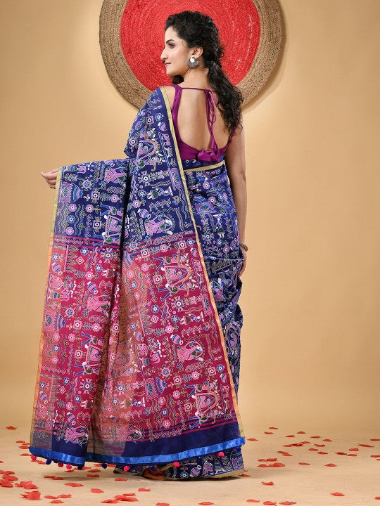 DESH BIDESH Women's Blue & Pink Ethnic Motifs Printed Zari Saree with Blouse Piece