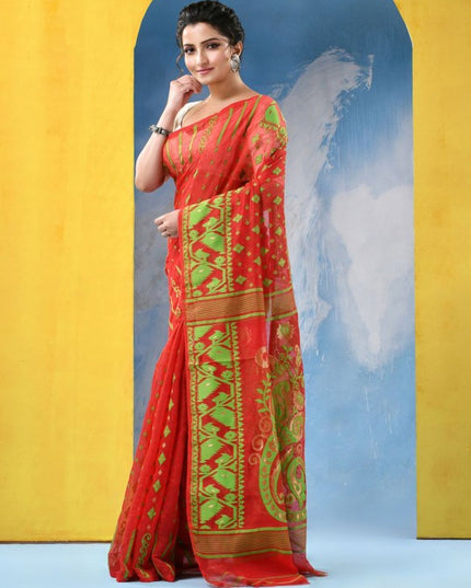 DESH BIDESH Floral Jamdani Saree: Elegant Red Green Woven Design Traditional Wear